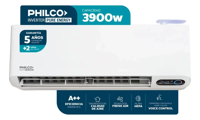 Ficha técnica Philco Split Philco Pure Energy Full Inverter 3354 Frig/3900W Frío Calor con Wifi Diagnostico de Aire Filtro Hepa Función Fresh Air